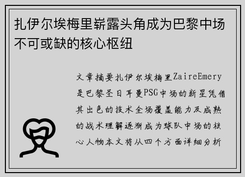扎伊尔埃梅里崭露头角成为巴黎中场不可或缺的核心枢纽