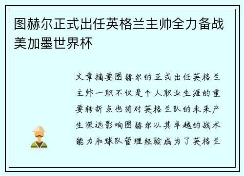 图赫尔正式出任英格兰主帅全力备战美加墨世界杯